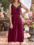 Velvet Cami Lounge Dress with lace trim, perfect for lounging and relaxation, elegant and comfortable sleepwear.
