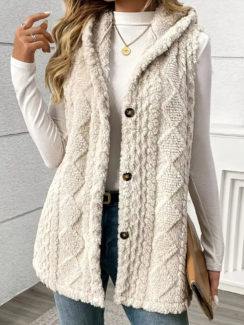 Button Up Plush Hooded Vest Coat