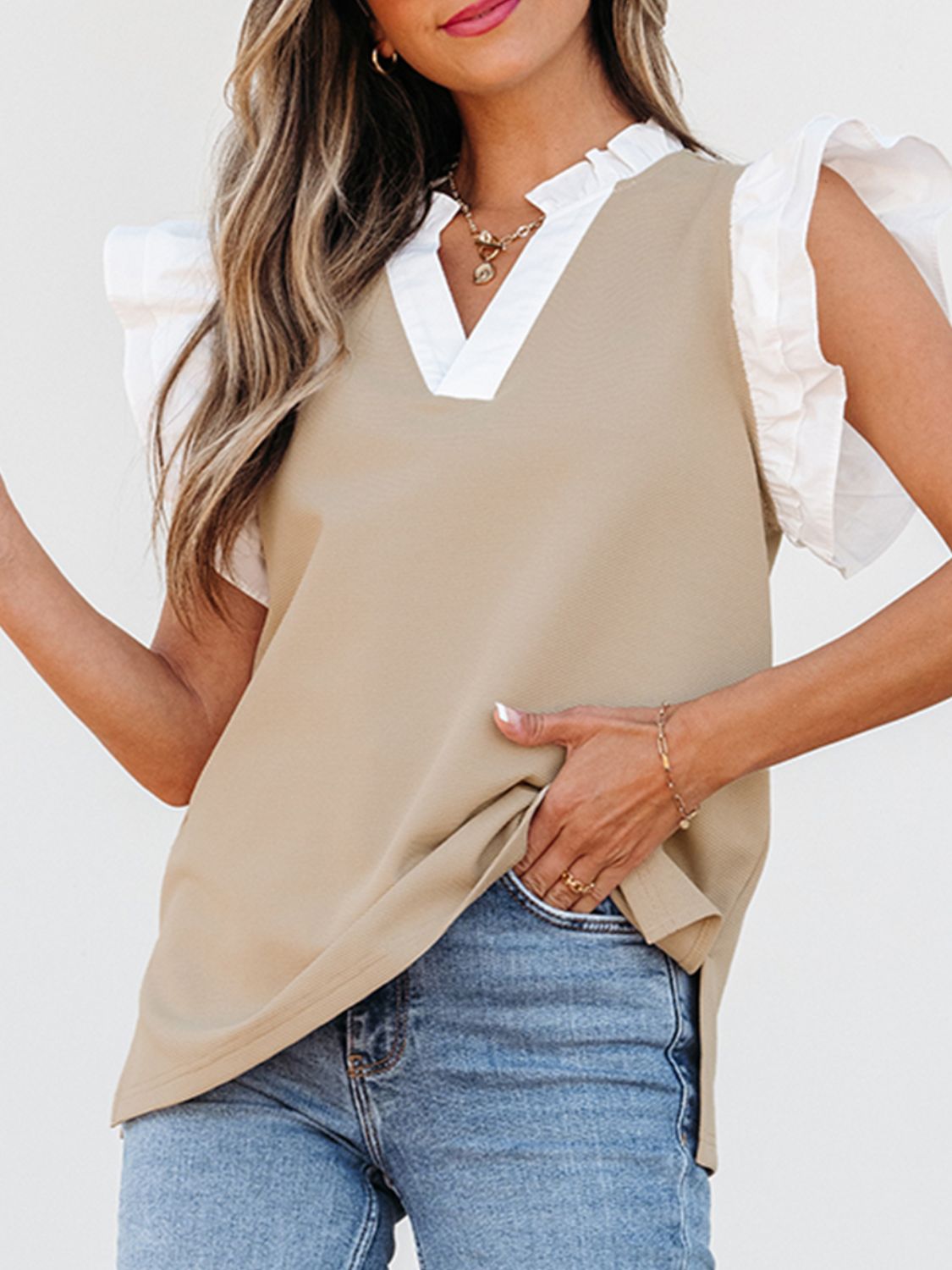 Ruffled Notched Cap Sleeve Top