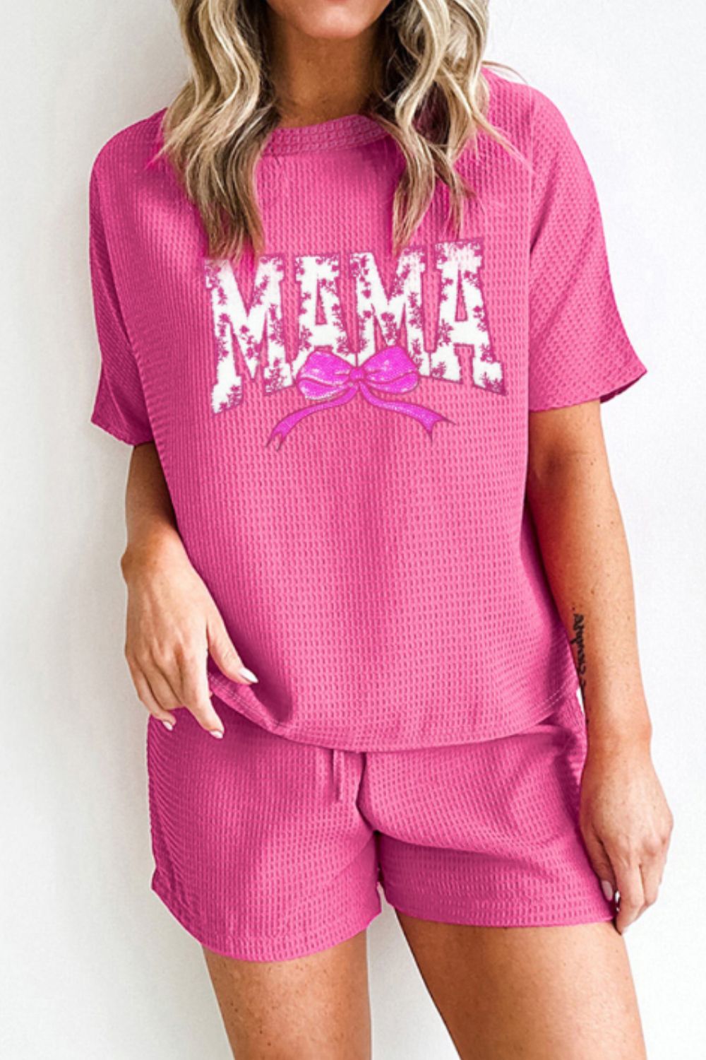 Waffle Sequin Floral MAMA Bow Graphic Top and Shorts Set