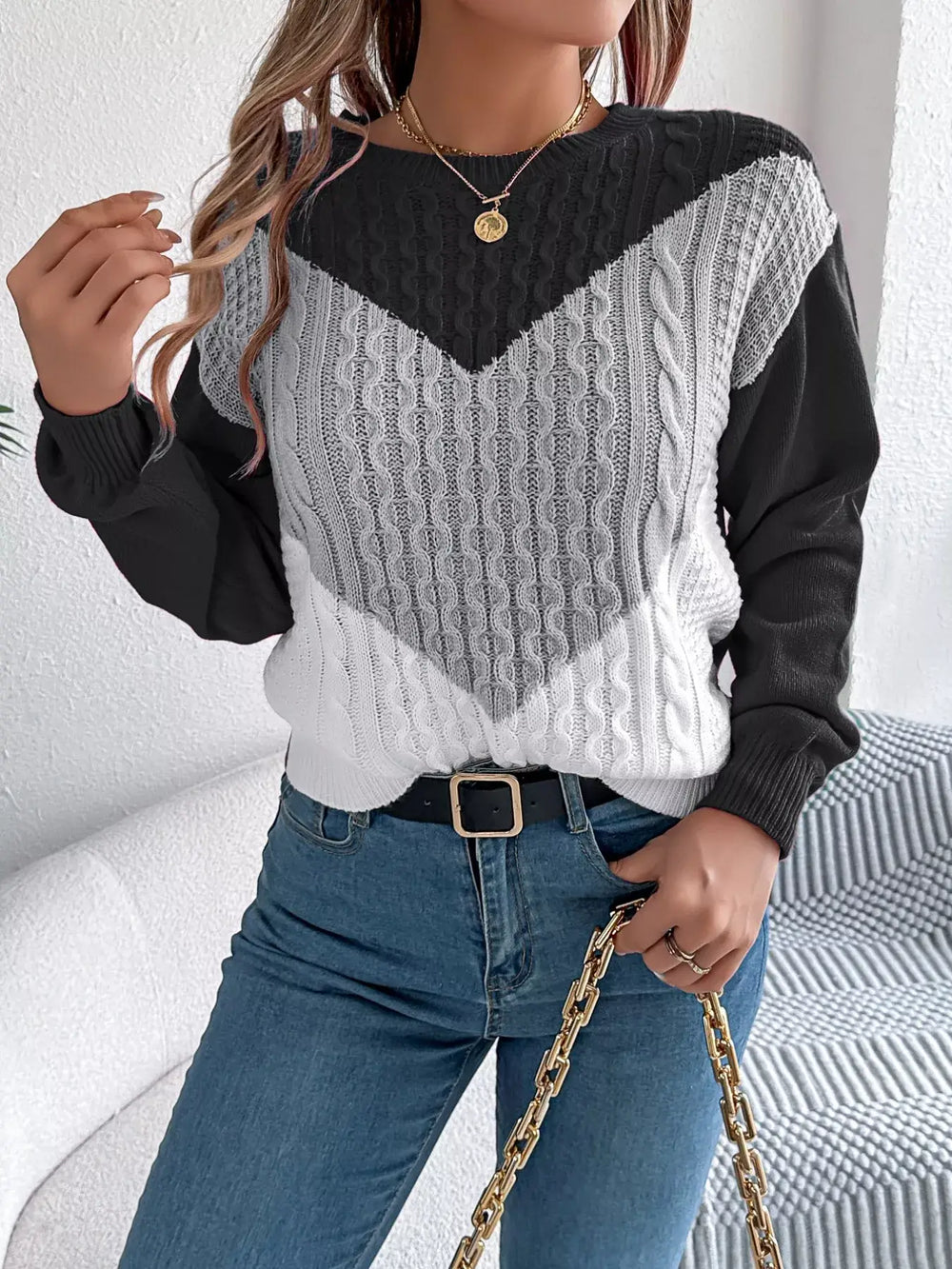 Color Block Cable Knit Sweater - Basic Style