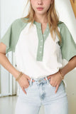 Color Block Raglan Short Sleeve Half Buttons High Low T Shirt