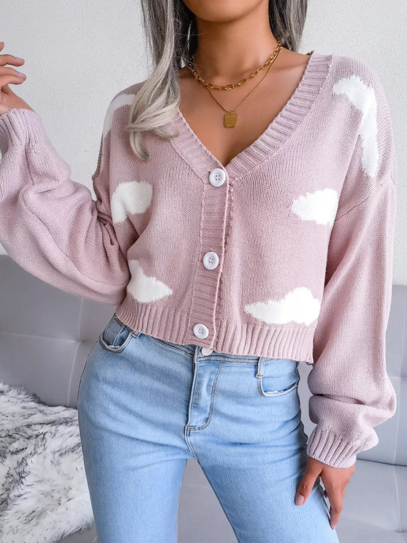 Cloud Pattern Button-Up Cropped Cardigan