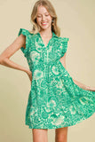 Umgee Full Size Printed Ruffle Cap Sleeve Babydoll Dress Plus Size