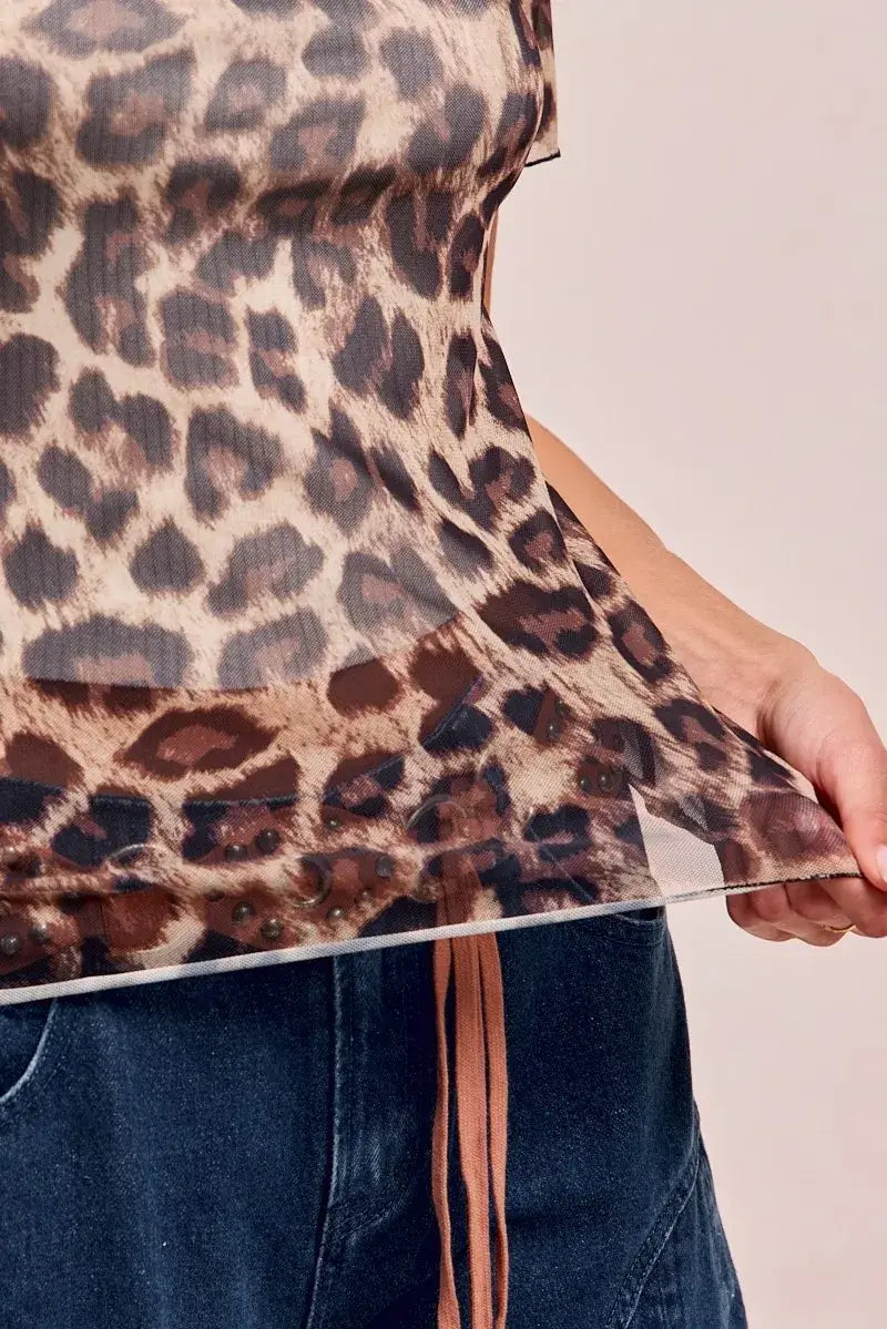 BiBi High Neck Leopard Mesh Short Sleeves Top