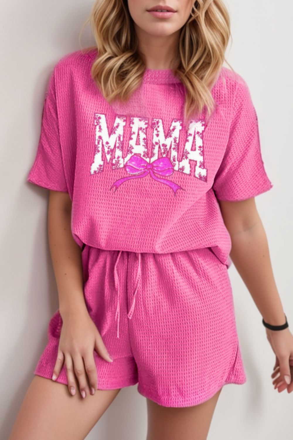 Waffle Sequin Floral MAMA Bow Graphic Top and Shorts Set