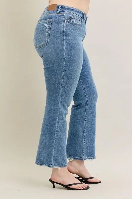 Judy Blue Full Size Mid Rise Wash Destroy Hem Bootcut Jeans Plus Size