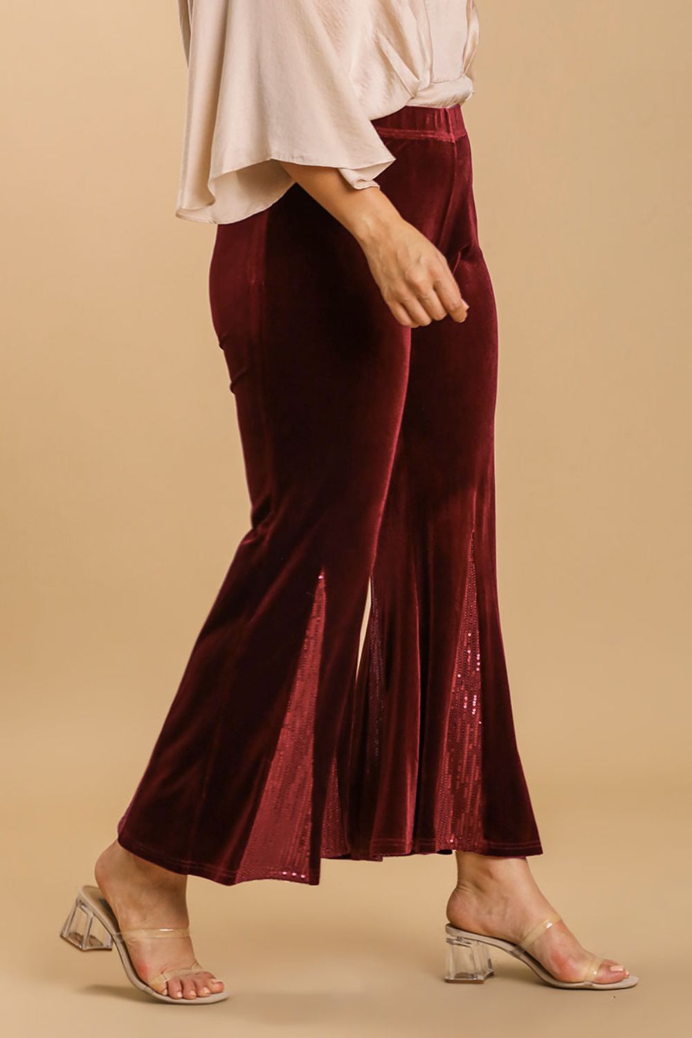Umgee Full Size Sequin Elastic Waist Velvet Stretch Flare Leg Pants Plus Size
