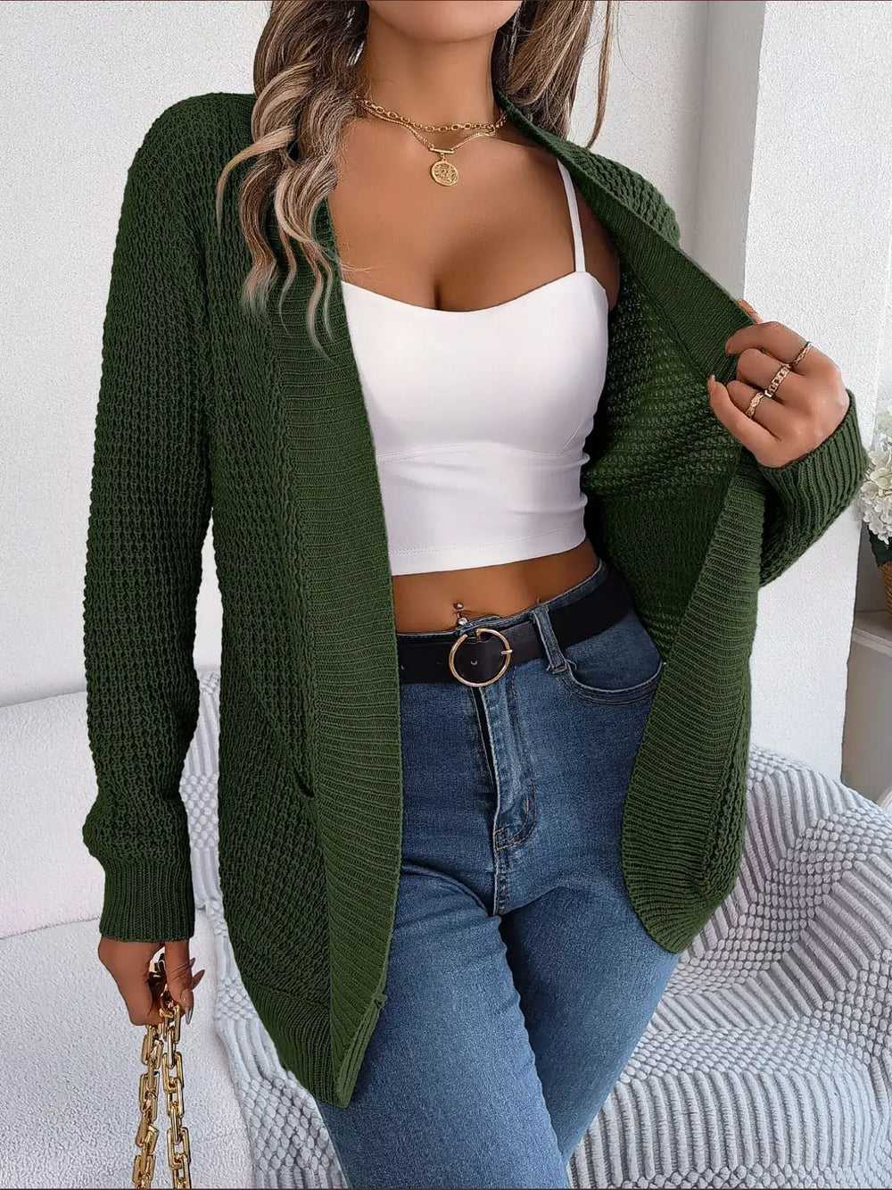 Chunky Knit Open Front Cardigan with Pockets