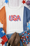 USA Embroidered Cable Textured Knit Cuffed Sleeve Color Block Tee