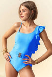 Davi & Dani Solid One Shoulder Ruffle One Piece Swimsuit
