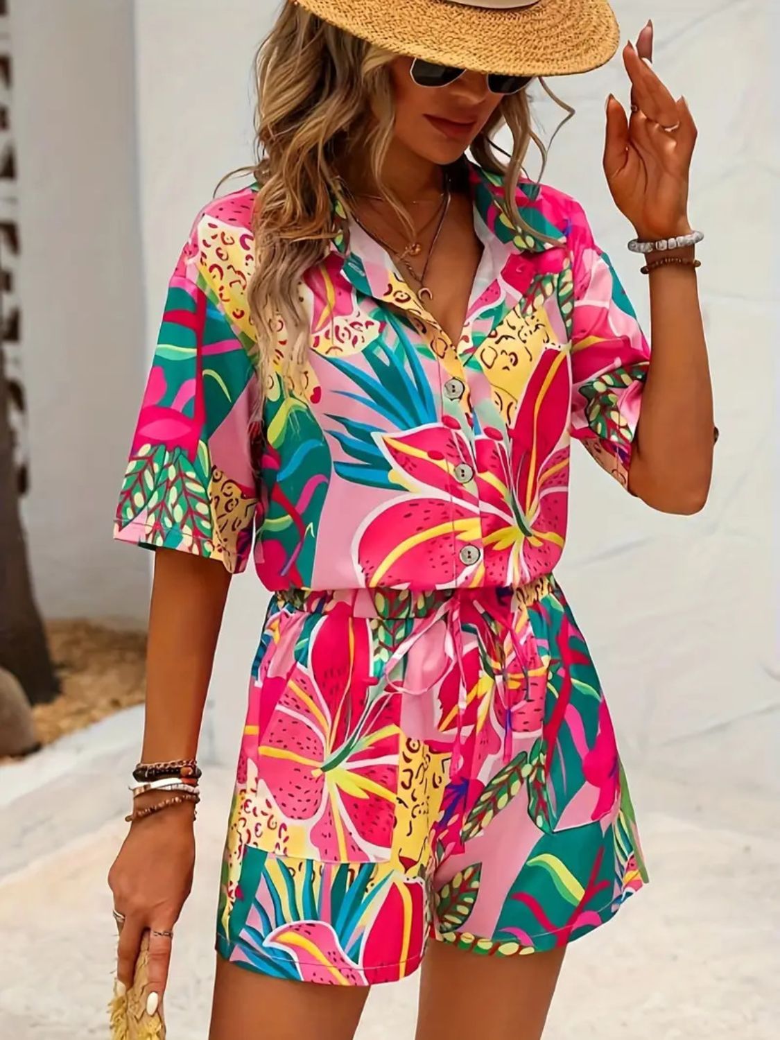 Printed Button Down Shirt and Shorts Set