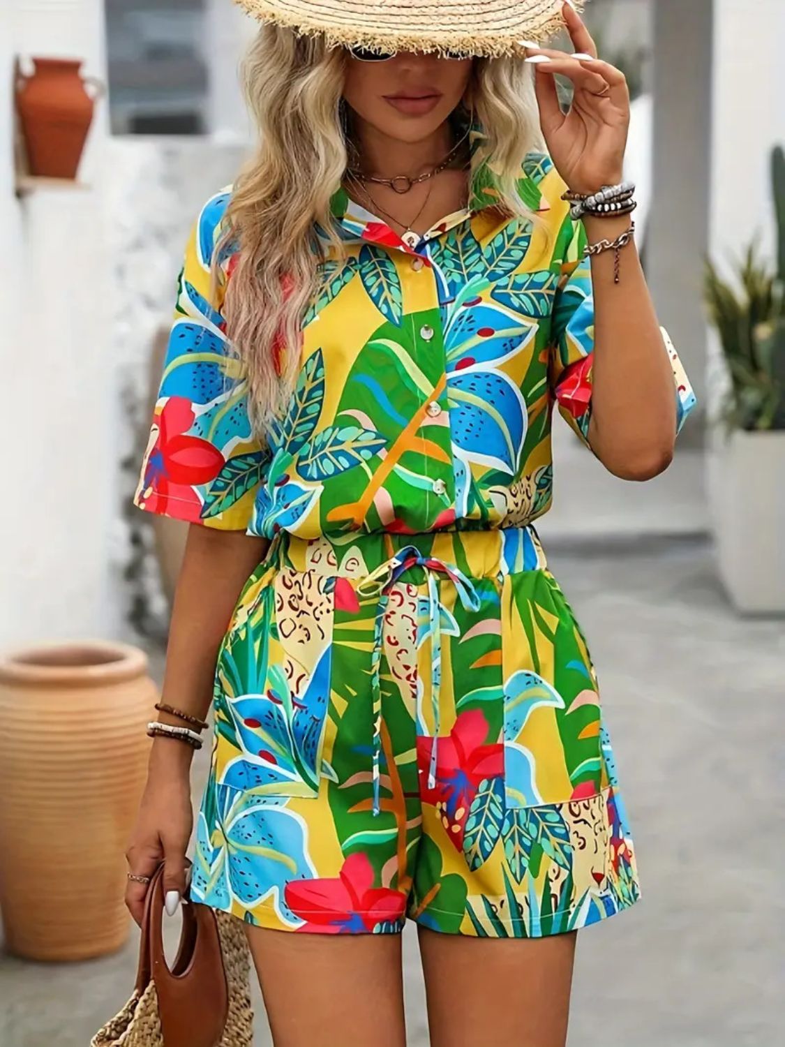 Printed Button Down Shirt and Shorts Set
