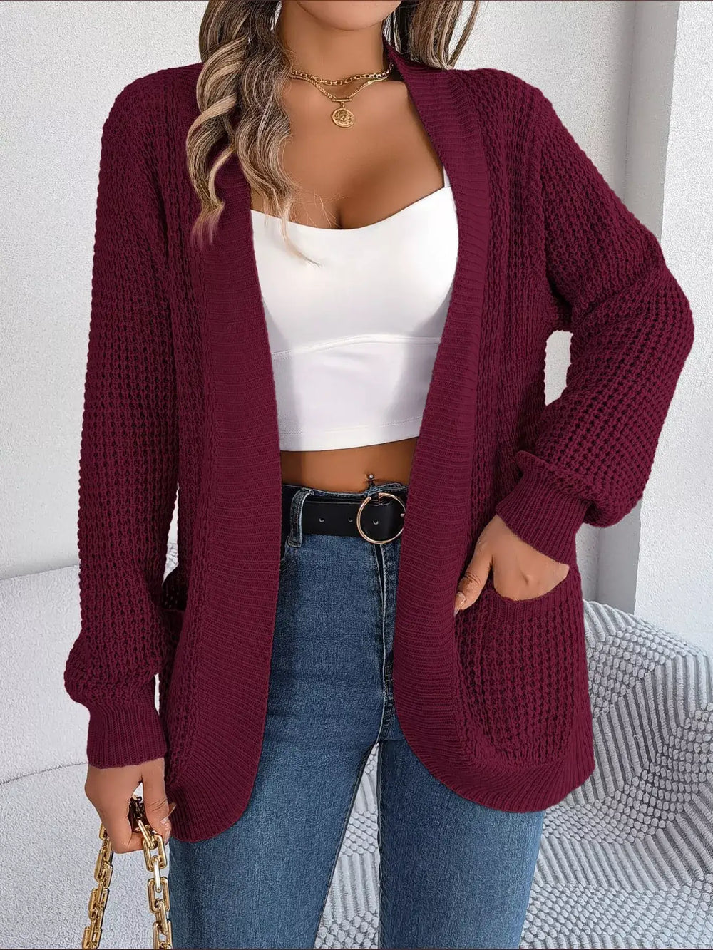 Chunky Knit Open Front Cardigan with Pockets