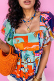Printed Square Neck Ruffled Short Sleeve Blouse