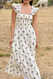 Bow Print Smocked Square Neck Ruffle Tiered Maxi Dress