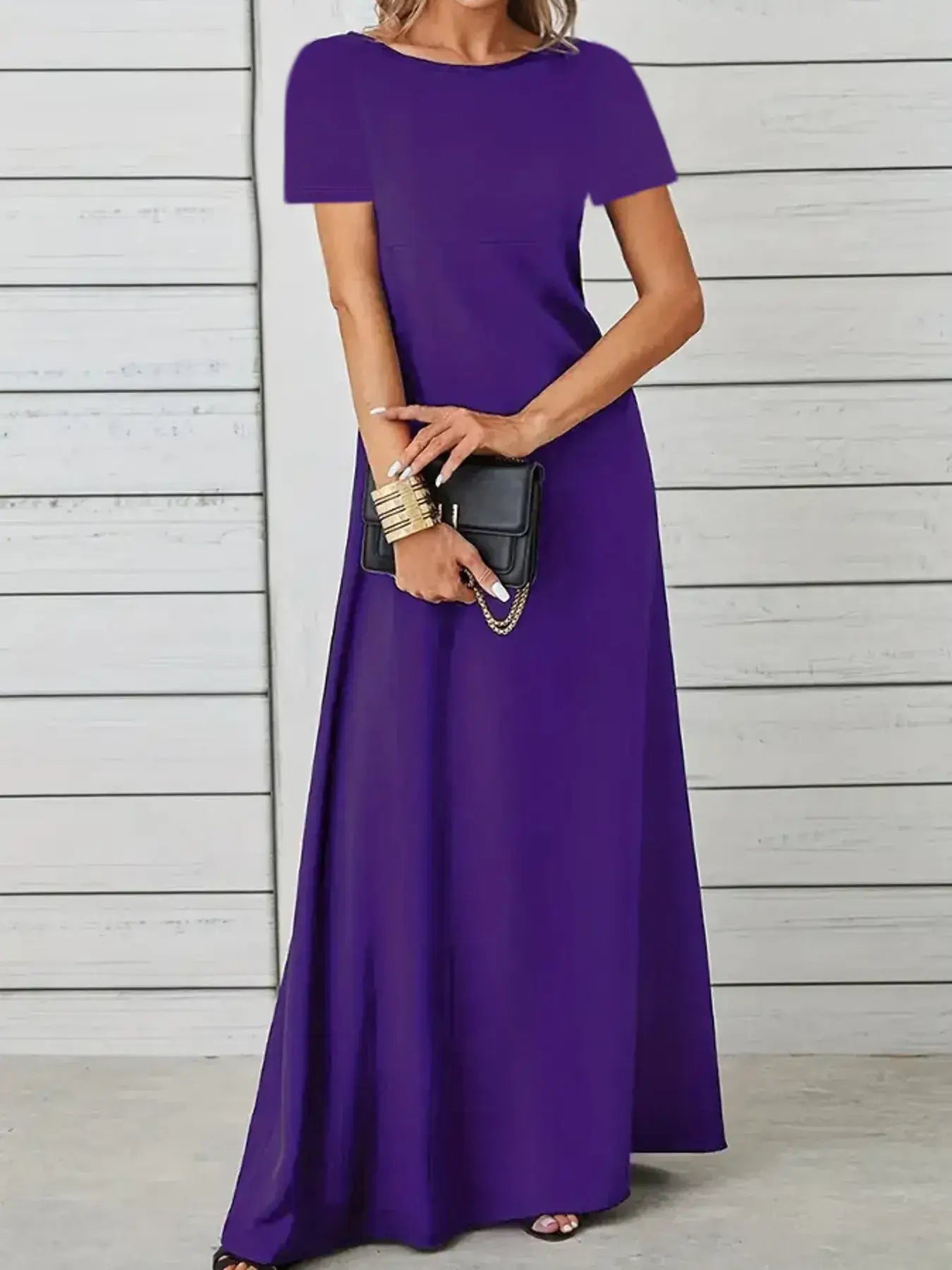 Full Size Round Neck Short Sleeve A-Line Maxi Dress Plus Size
