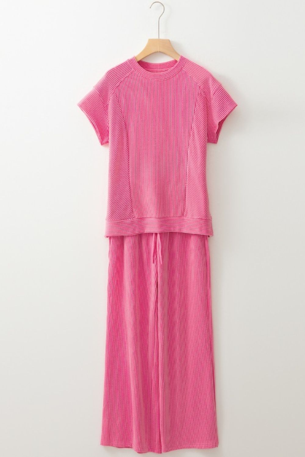Corded Knit Short Sleeve T-Shirt and Wide Leg Pants Set