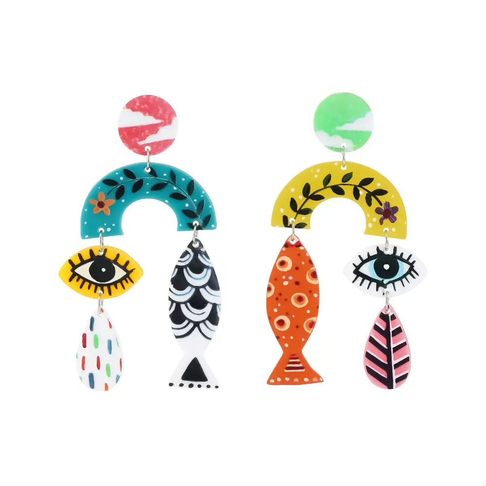 Evil Eye & Fish Dangle Earrings