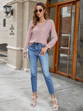 Lace Detail Eyelet V-Neck Flounce Sleeve Blouse