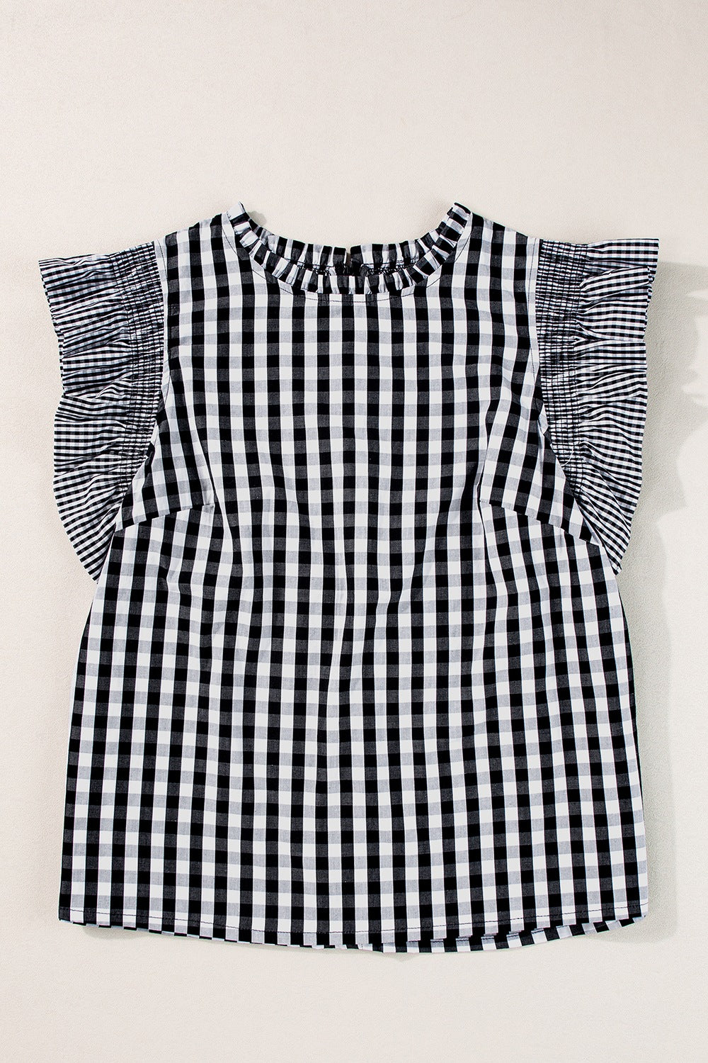 Checkered Ruffled Sleeve Frilled Neck Blouse