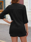Textured Notched Top and Drawstring Shorts Set
